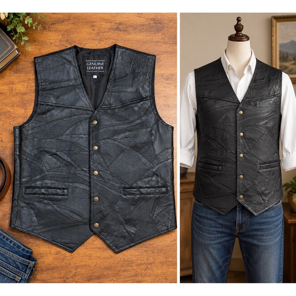 Navarre Leather Italian Stone Design Patchwork Biker Vest Black Mens XL